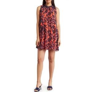 Tommy Hilfiger Mini Dress Chiffon High Neck Ruffle Sleeveless Red Floral Size 14